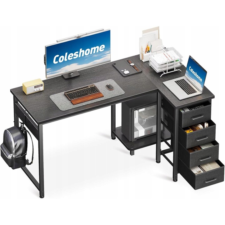 Birou coltar ergonomic, 120x70cm, 4 sertare, negru