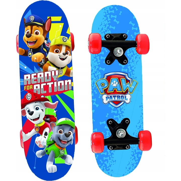 Mini gördeszka gyerekeknek, fából, 43x12x8cm, Mancs őrjárat téma, 20kg teherbírás, interaktív játékszett