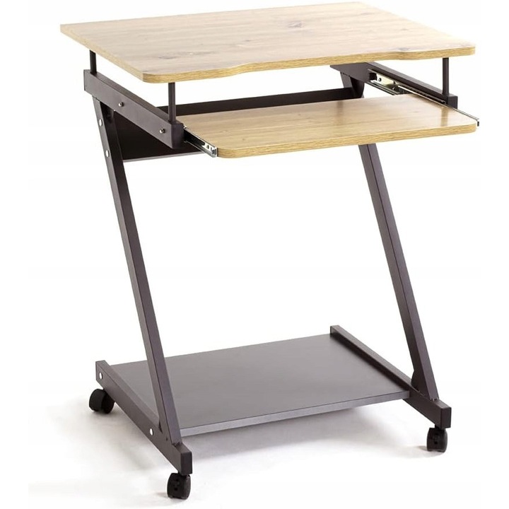 Birou mobil pe roti, design modern, antracit si stejar, dimensiuni 60x49x76cm, cu polita pentru tastatura.