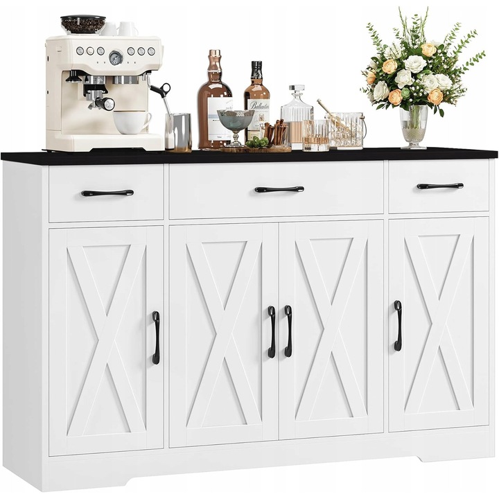 Set mobilier bucătărie, 140x38,6cm, alb cu blat maro/negru, 3 sertare, 6 compartimente, design modern