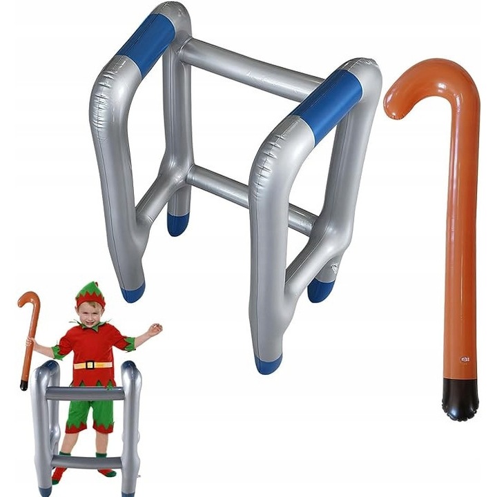 Dmuchat balcon cu baston, set, gri + albastru + maroniu, 82x40x50cm + 90x26cm