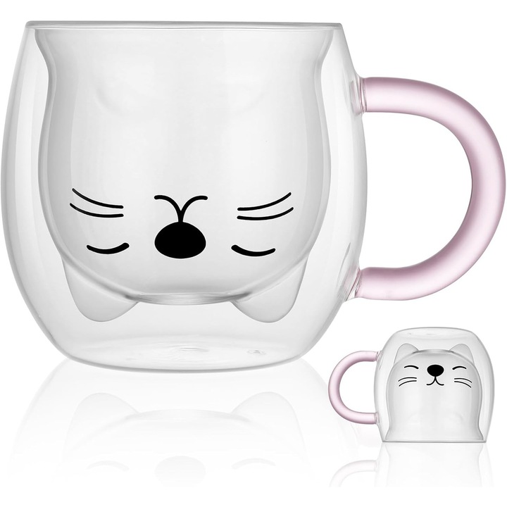 Cana cu design animal, 250ml, sticla borosilicata, izolatie dubla, fara marca