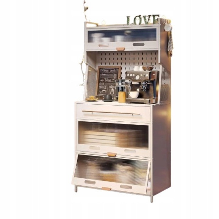 Comoda bufet deschisa, design modern, negru cu roz auriu, 168x80cm, cu blat de lucru si suflada