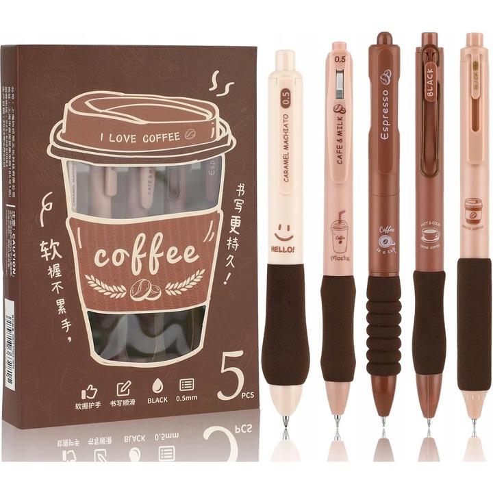 Set pixuri gel cu motive de cafea, 5 bucati, cerneala neagra, grip moale, 0,5 mm