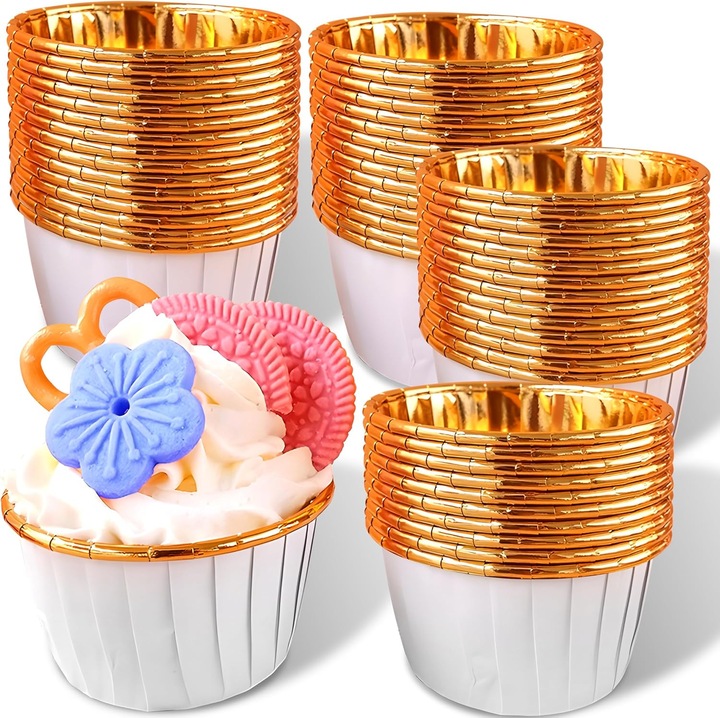 Set forme de hartie pentru briose 50 buc, alb-aurii, vesela unica folosinta