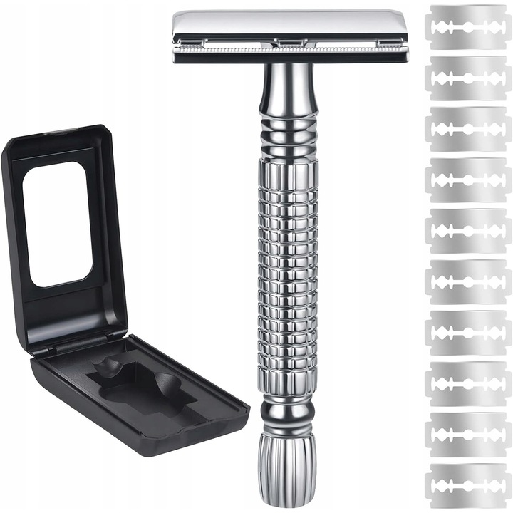 Aparat de ras clasic pentru barbati, set cu 10 lame, inox, 8.3cm, argintie