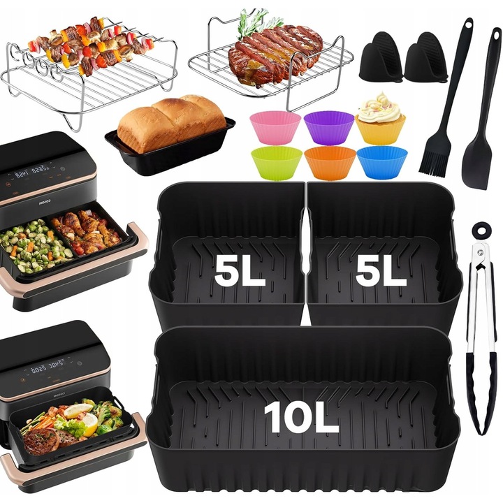 Set accesorii pentru friteuza 10L, forme din silicon, gratar, spiculte, manusi, rezistent la temperaturi de pana la 220C