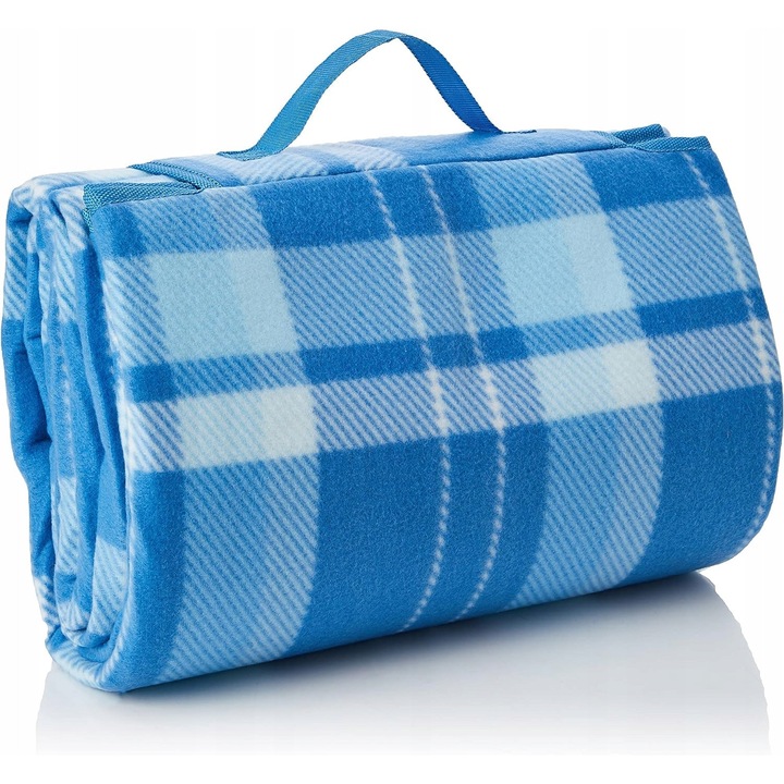 Patura picnic pliabila, 175x200cm, impermeabila, model albastru si alb