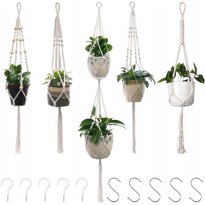 Set 5 suporturi suspendate pentru plante din bumbac, diverse dimensiuni, pentru interior si exterior