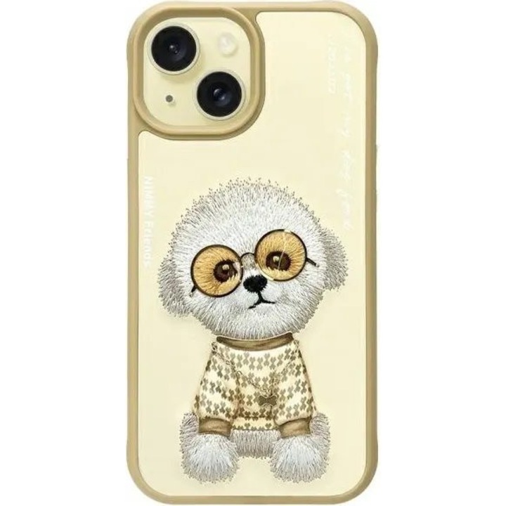 Husa telefon Nimmy Cool Dog pentru iPhone 15, khaki, material TPU/PC/metal/PES/PU, protectie ridicata