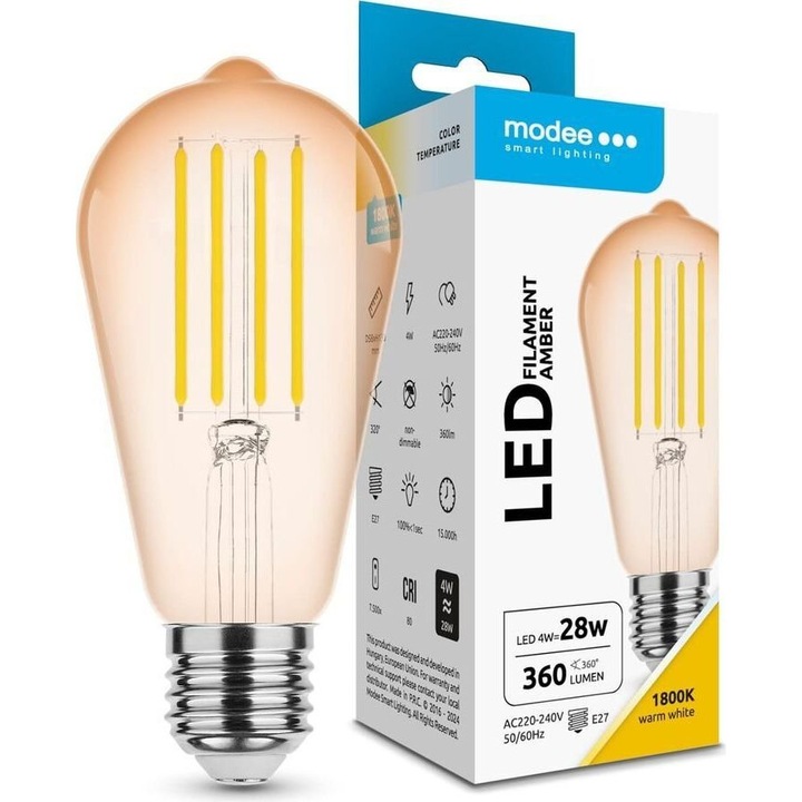 Bec LED Filament Modee Lighting ST58, 4W, E27, 1800K, 360 lumen, 130x58mm, amber