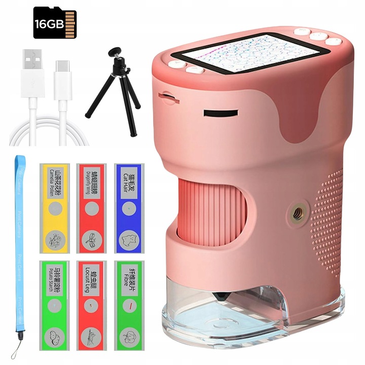 Microscop digital portabil 1000X, 5 inch, cu ecran IPS HD, roz, set complet cu accesorii