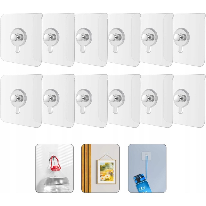 Set 12 Carligi neinvazivi Transparent, 60mm, pentru Suporturi si Accesorii de Baie