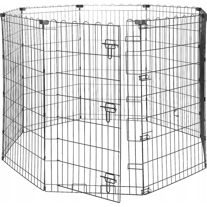 Cusca metalica pliabila pentru caini, 150x150x107cm, rezistent la intemperii, negru, set de 8 panouri