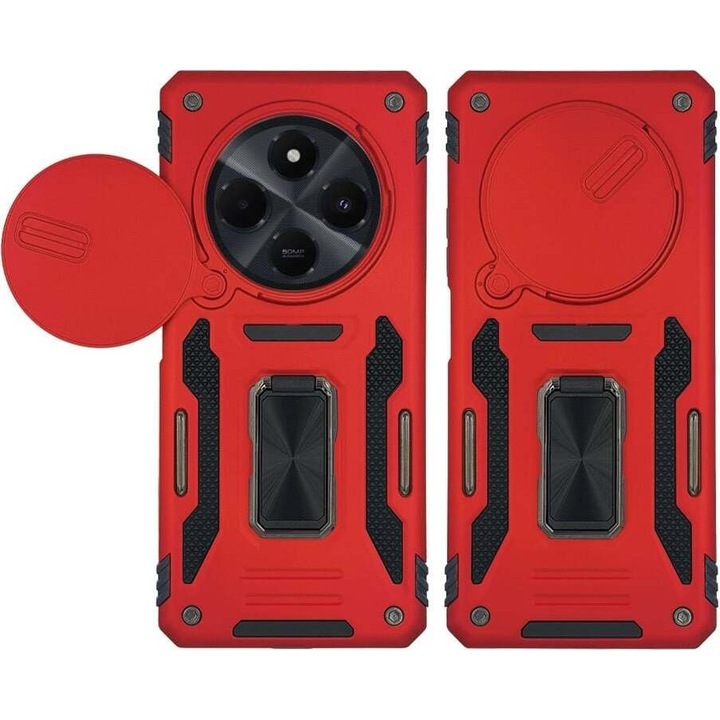 Husa telefon Sonique Ring Armor CamShield, rosie, pentru Xiaomi Redmi 14C 4G / Poco C75 4G / Redmi A4 5G, protectie socuri, suport integrat