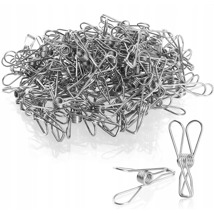 Set 100 cleme metalice pentru rufe, inox, 6x1,5x2,5cm, argintii