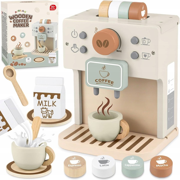 Set de joaca espresso din lemn, 12 piese, pentru copii, 3+ ani, accesorii Latte Art, natural