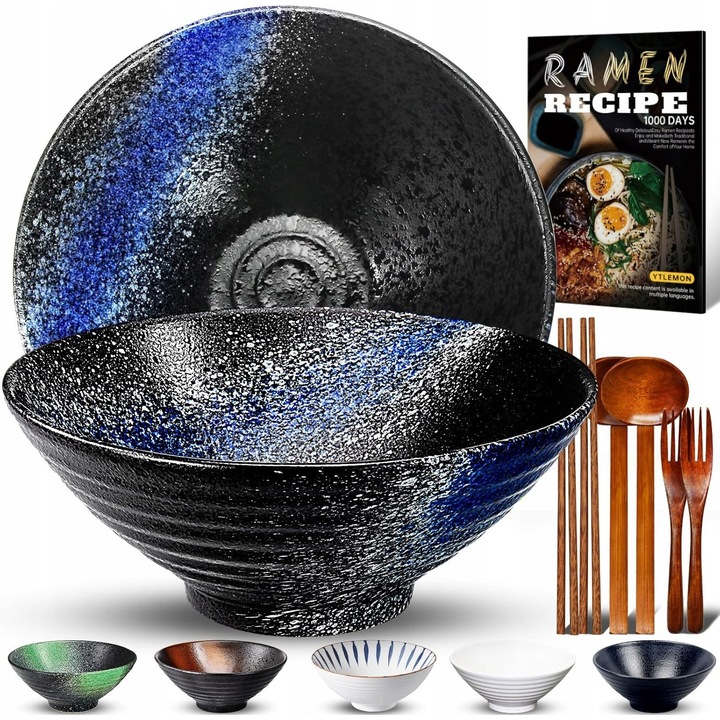 Set 2 boluri ceramice pentru ramen cu accesorii din lemn, capacitate 1000 ml, design unic, multicolor