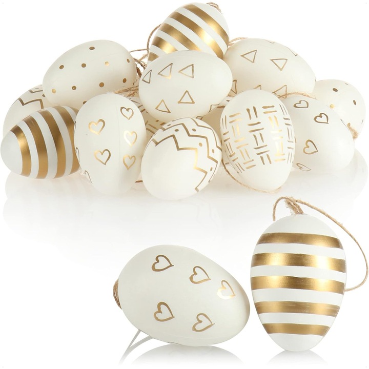 Set 18 oua decorative, alb si auriu, 6x4cm, pentru Paste