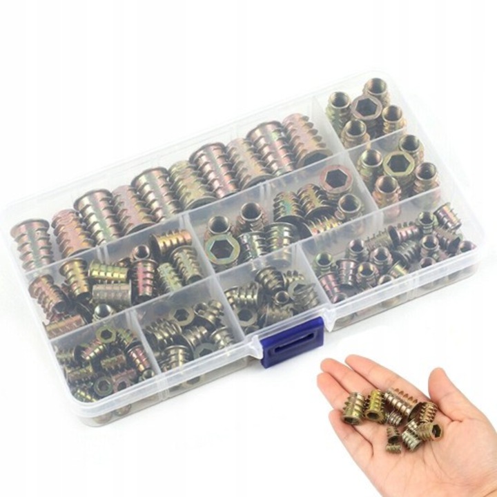 Mufa dublu-gintuita pentru lemn, set 165 bucati, dimensiuni M4/M5/M6/M8/M10, metal, aurie, 17.2x10.2x2.2cm