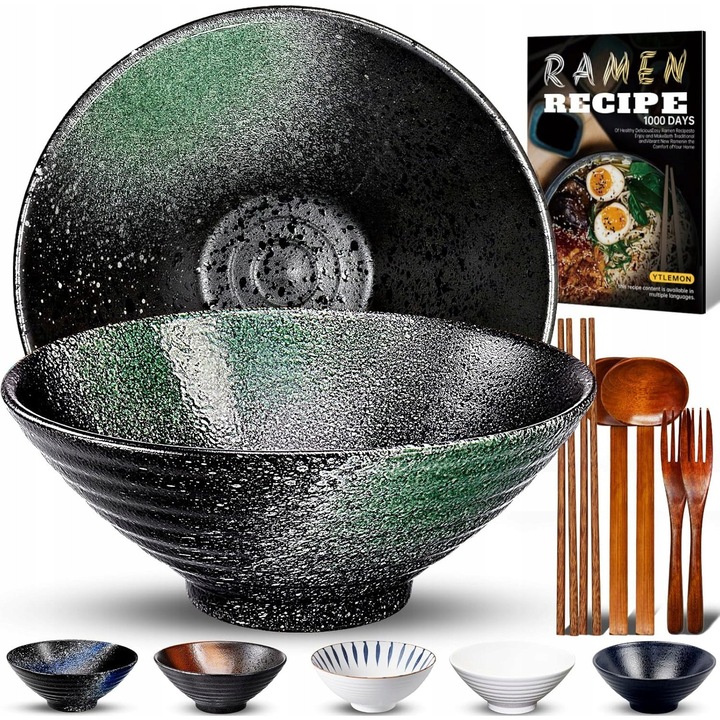 Set 2 boluri ceramice pentru ramen cu accesorii, capacitate 1000 ml, design unic, multicolor