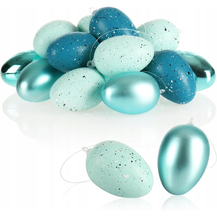 Set 18 oua decorative de Paste, turcoaz mat si lucios, 7cm