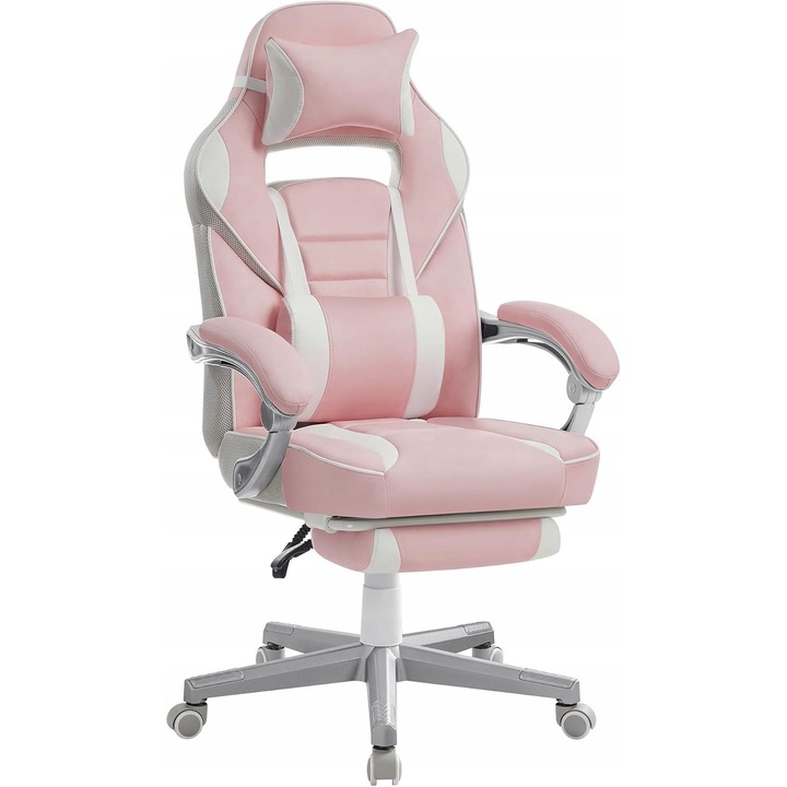 Fotoliu gaming, ergonomic, pastel roz + crem, 67x66x(116-126)cm, cu suport pentru picioare si perne ajustabile