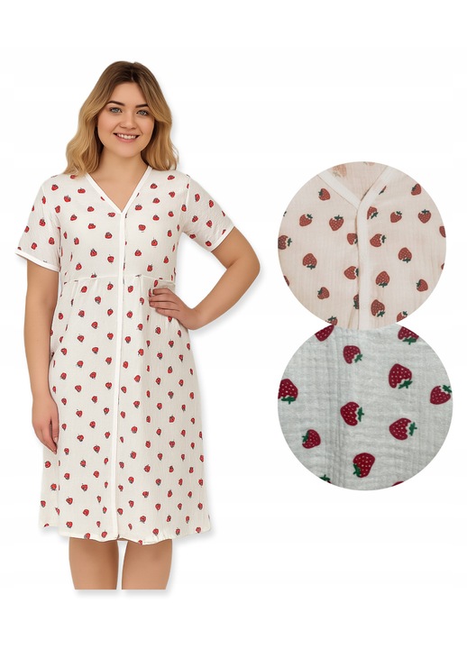 Camasa de noapte de maternitate Dartomik, din bumbac, maneca scurta, alba cu rosu, pentru nastere si alaptare, confortabil
