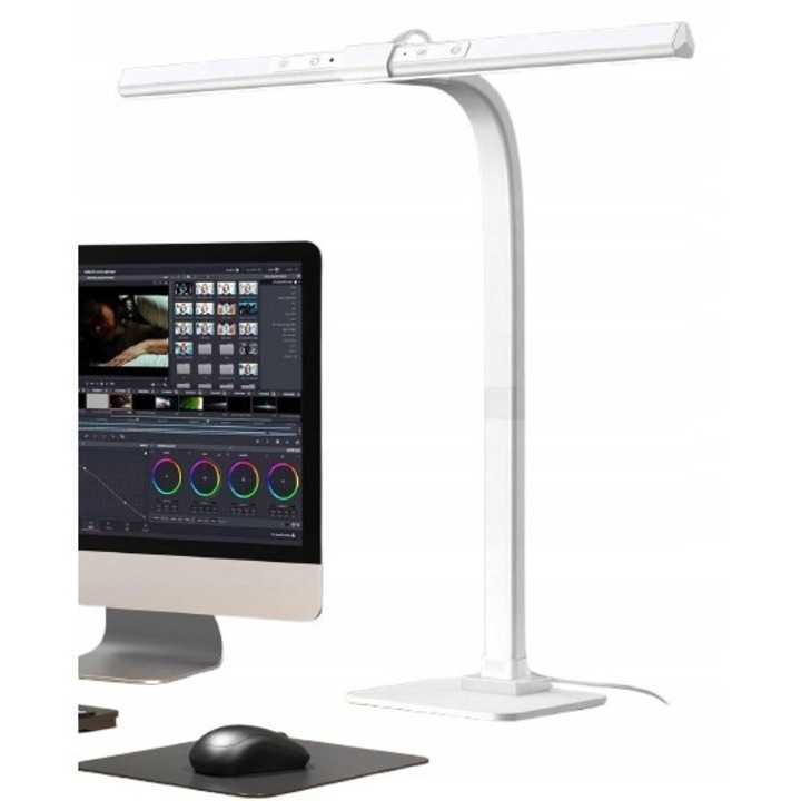 Lampa birou LED, alb, 15,2x46x52cm, design modern, reglare temperatura culoare, dimabila