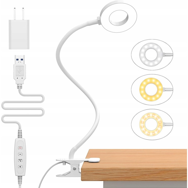 Lampa de citit LED cu clema, 3 temperaturi de culoare, 10 niveluri de intensitate, alb, 23x20x4,5cm