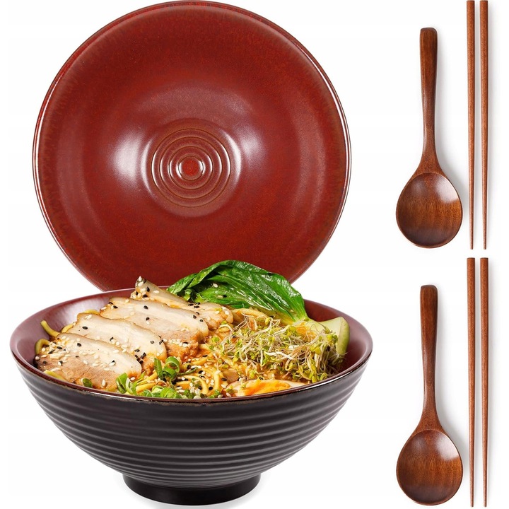 Set boluri ramen, 2 boluri, 2 linguri, 2 perechi betisoare, ceramica, 20cm, 1200ml
