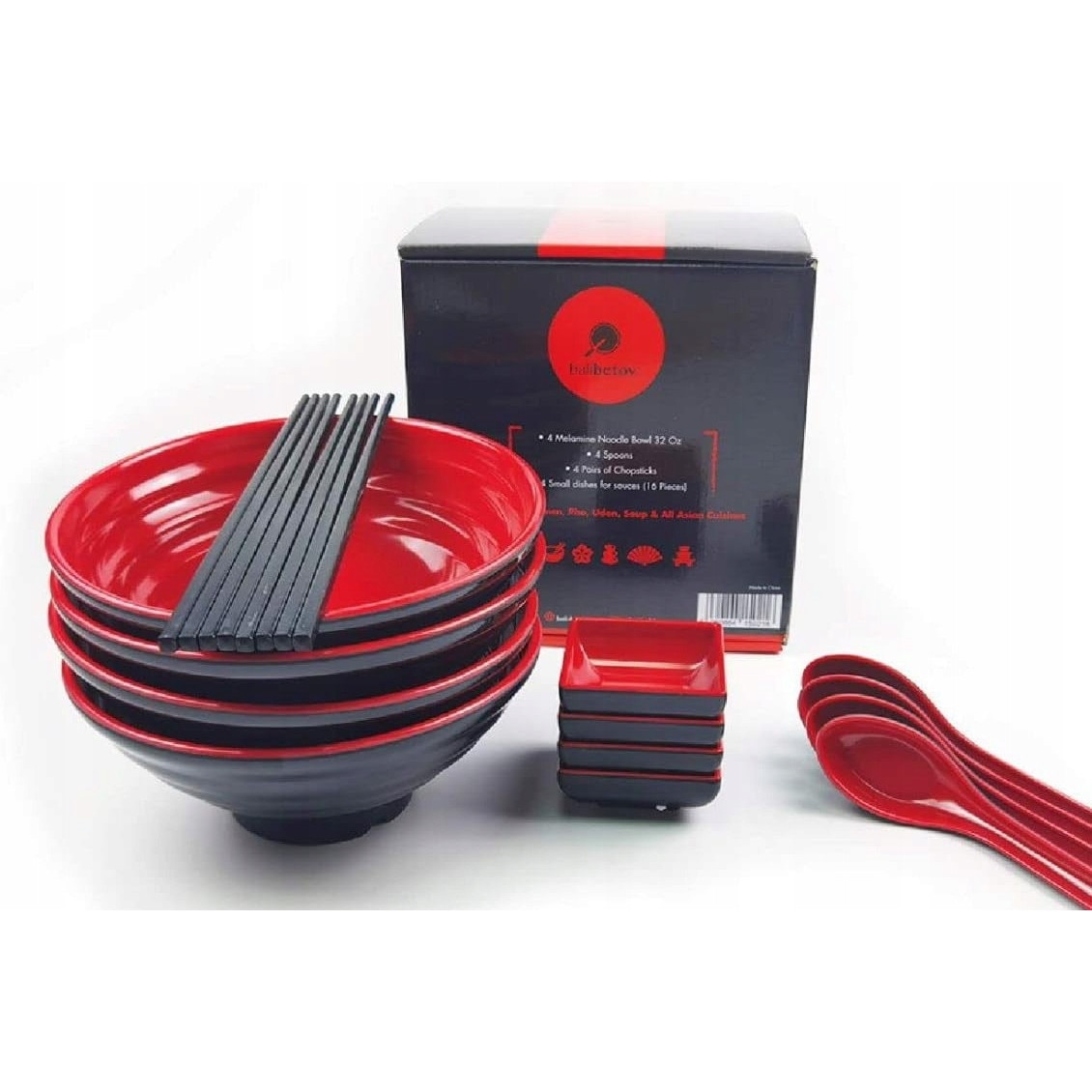 Set de 16 boluri de plastic japonez persoane rosu, 950 ml
