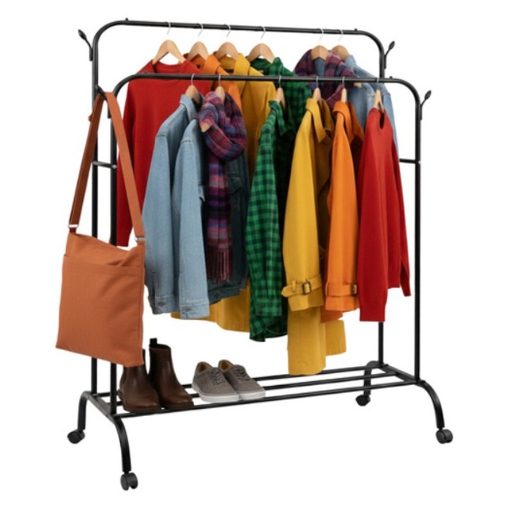 Cuier dublu pentru haine mobil cu 2 bare si roti 360° grade KESNUP, cu carlige laterale, roti pivotante cu mecanism de blocare, incarcare maxima 20 kg, dimensiuni 150 x 110 x 57 cm, cadru meralic, usor de asamblat, Negru