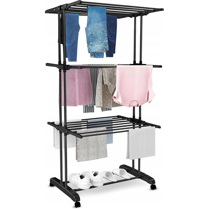 Uscator rufe mobil, 3 niveluri, negru, dimensiuni compacte