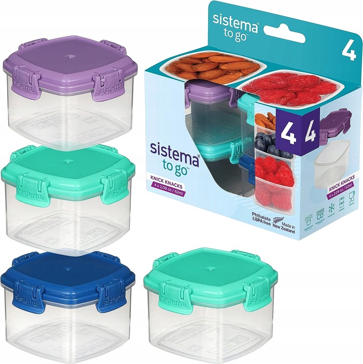 Set cutii alimentare Sistema TO GO 4x 62ml, organizare, stivuibile, potrivite pentru mic dejun, pranz, gustari