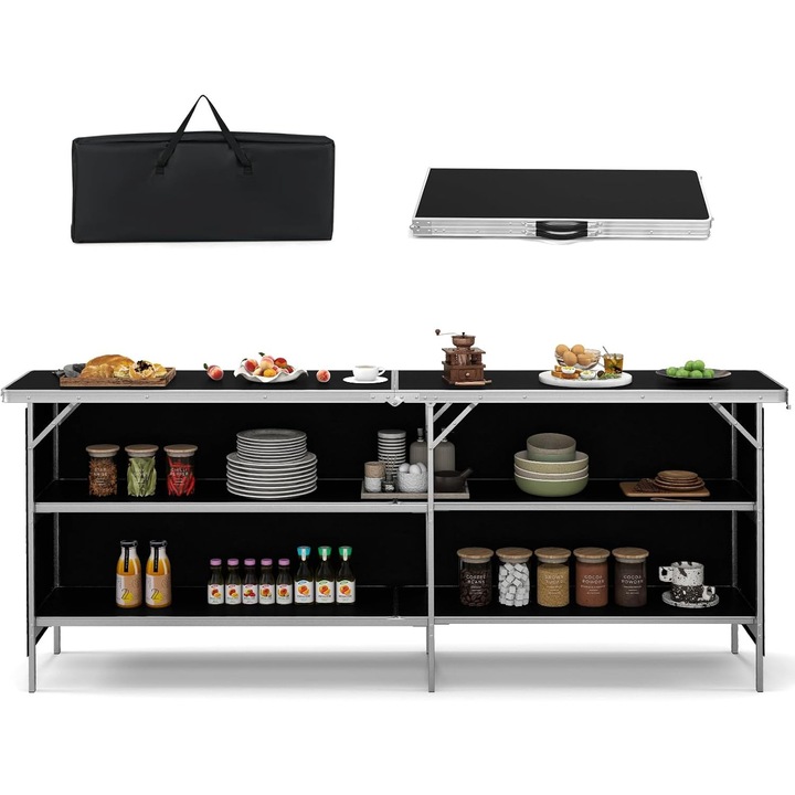 Összecsukható kempingasztal, polcokkal, 206x38x83 cm, hordtáskával, fekete