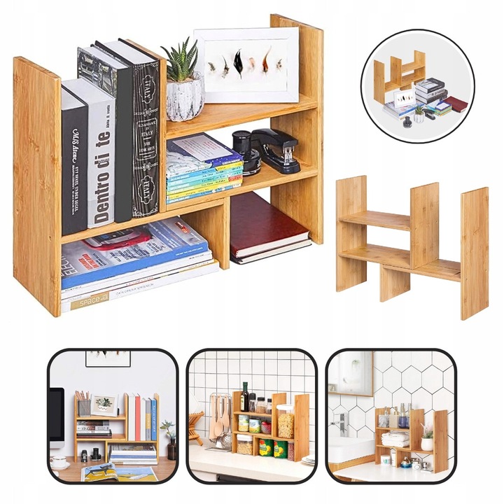 Raft organizator din bambus, 2 sau 3 niveluri, pentru birou, bucatarie, baie, natural