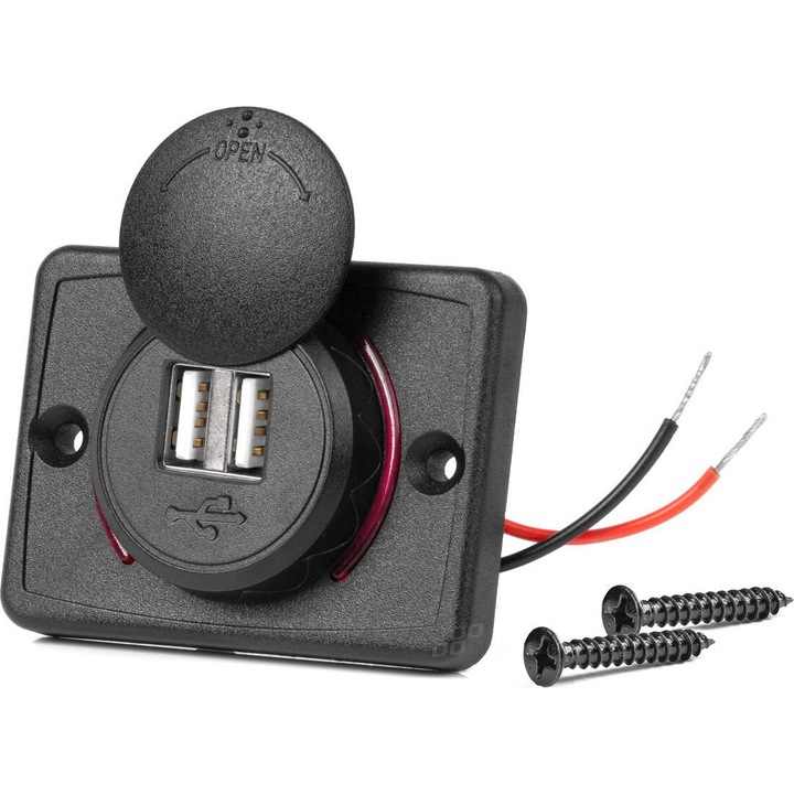 Priza cu 2 porturi, AMIO, Negru, 12/24V