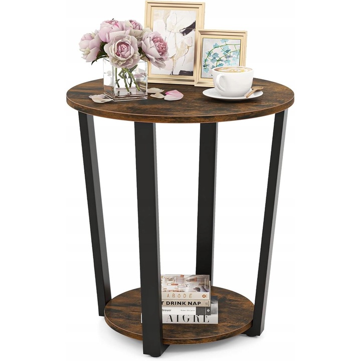 Mese Okragale, 50cm, 2 niveluri, design industrial, metal si lemn