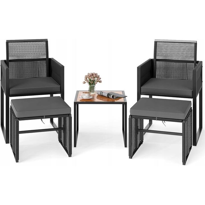 Set mobilier gradina 3 piese, masa din lemn de acacia, 2 scaune cu perne, polirattan, rezistent la intemperii