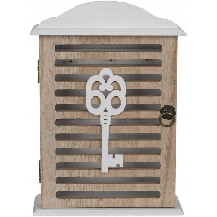 Skrzynka na klucze drewniana, retro, 6 haczykow, alb/maro, 28x19x6 cm