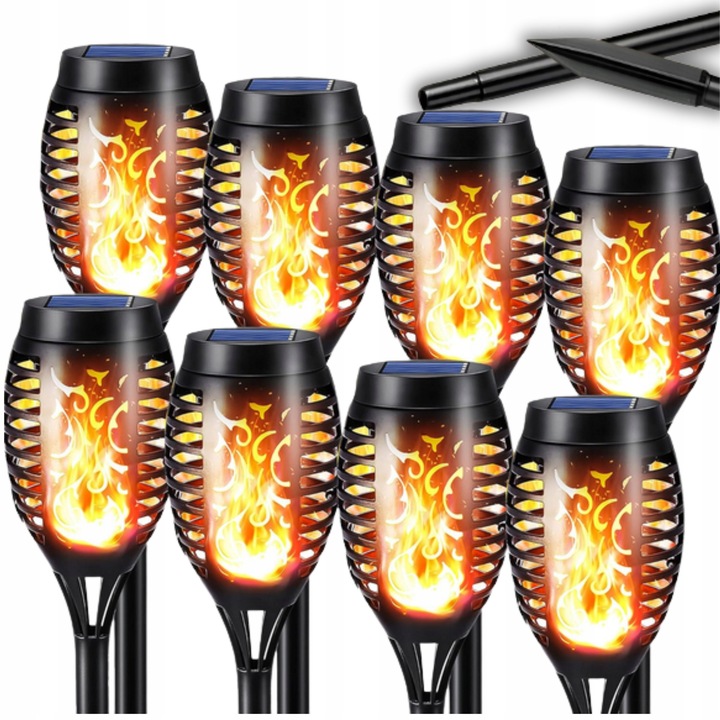 Set 8x Lampa solara cu efect de flacara, 50 cm, neagra