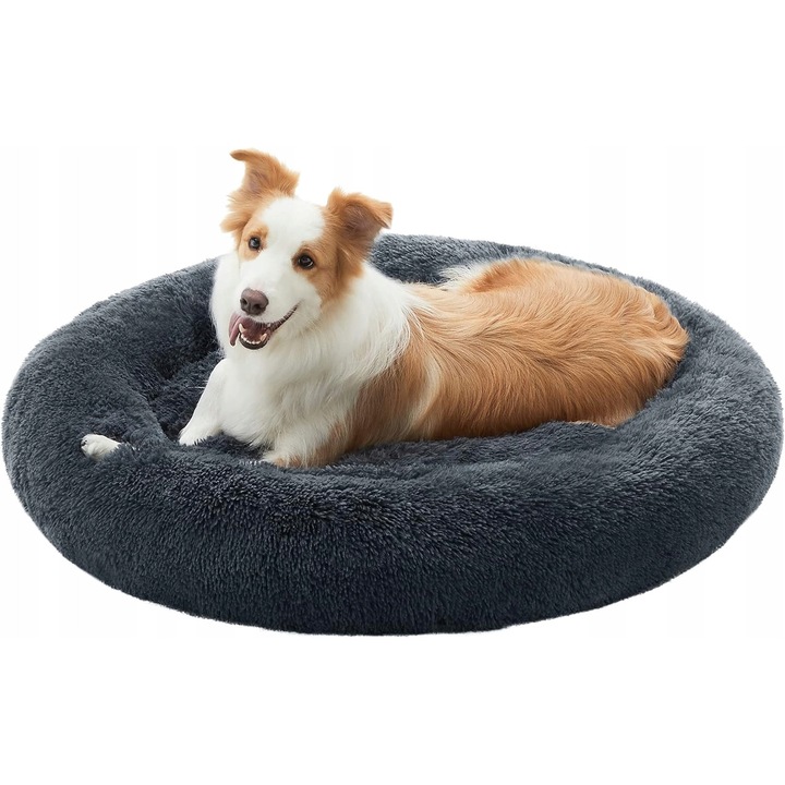 Кръгла възглавница за кучета и котки, 100x20 см, плюшена материя, противоплъзгаща, тъмно сива