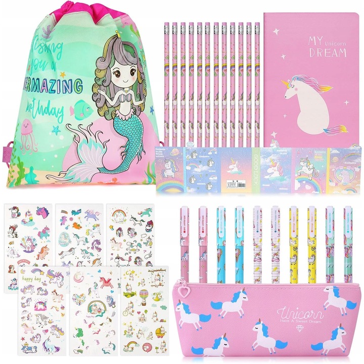 Set accesorii scolare pentru fetite, design sirena, sac sport, penar, multicolor