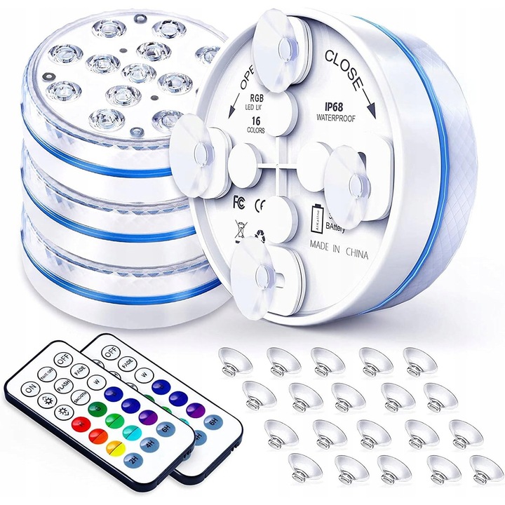 Lumini LED subacvatice, RGB, set 4 bucati, impermeabile, controlate de la distanta, pentru decorare piscine si spa