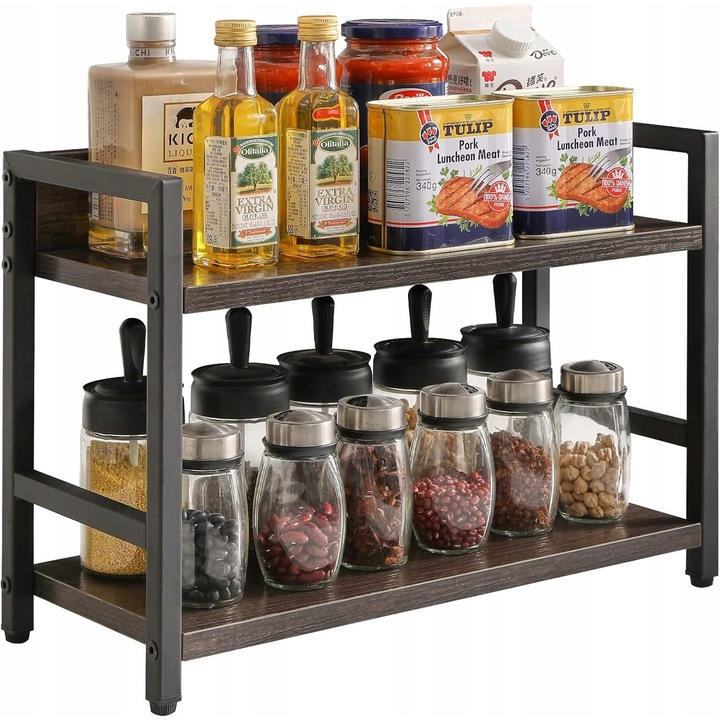 Suport pentru condimente, 2 niveluri, din lemn natural cu accente negre, 35x20x30cm