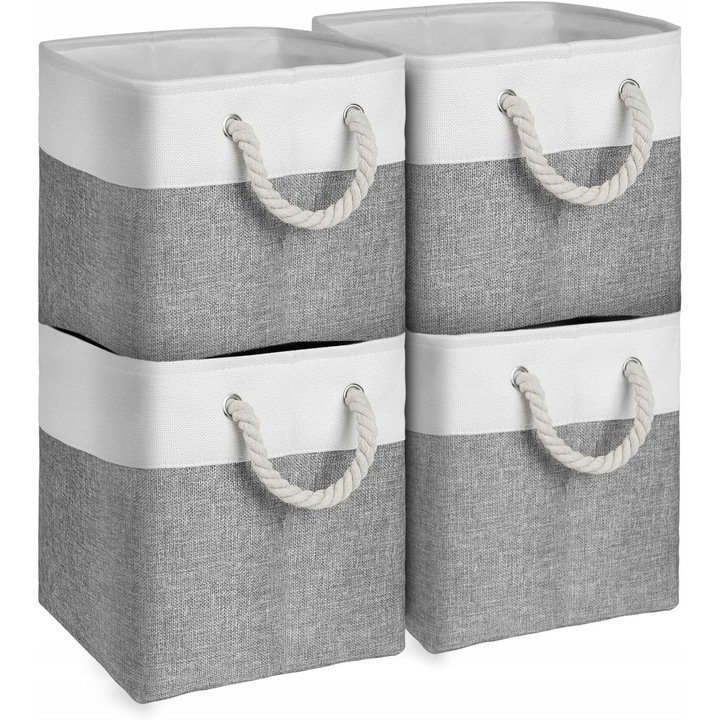 Set 4 cosulete depozitare, pliabile, 30x30x30cm, material ecologic, cu manere din bumbac