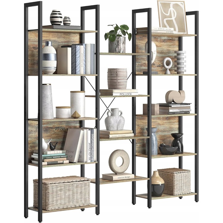 Biblioteca, cu 14 polite, design loft, negru/maro