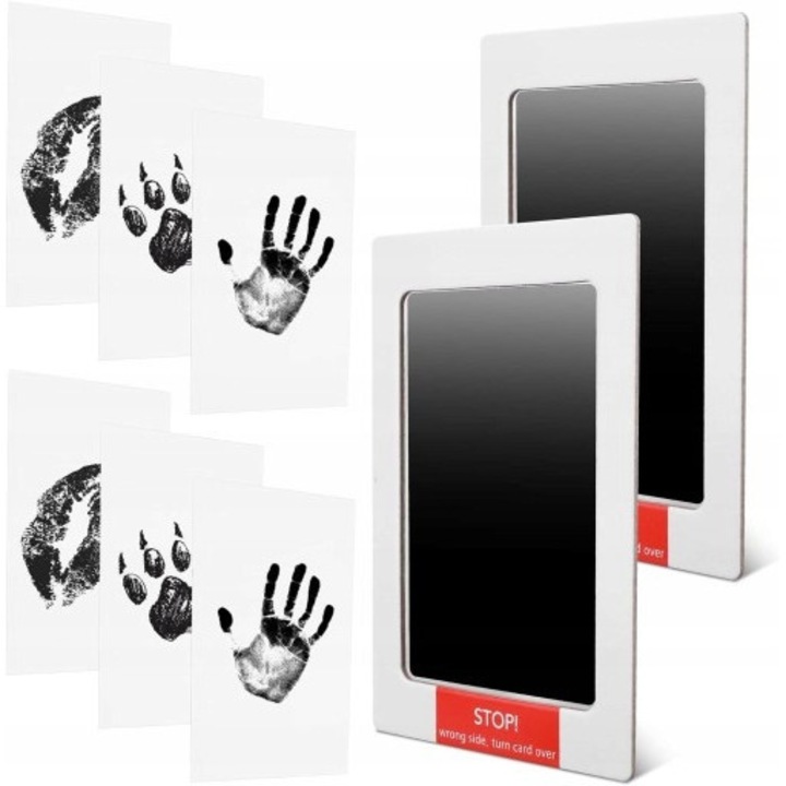 Kit pentru amprente maini si picioare bebelusi, 2 stampile si 6 imagini, alb/negru, 12.5x8cm