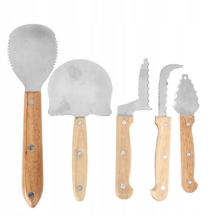 Set de unelte pentru sculptat dovleci, 5 piese, inox, maner din lemn, Halloween